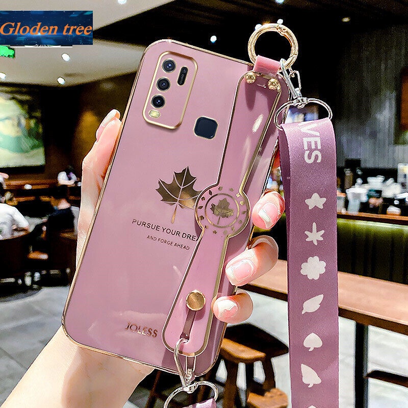 Case Motif Daun Maple Dengan lanyard Untuk Vivo Y50 Y30 Y30i