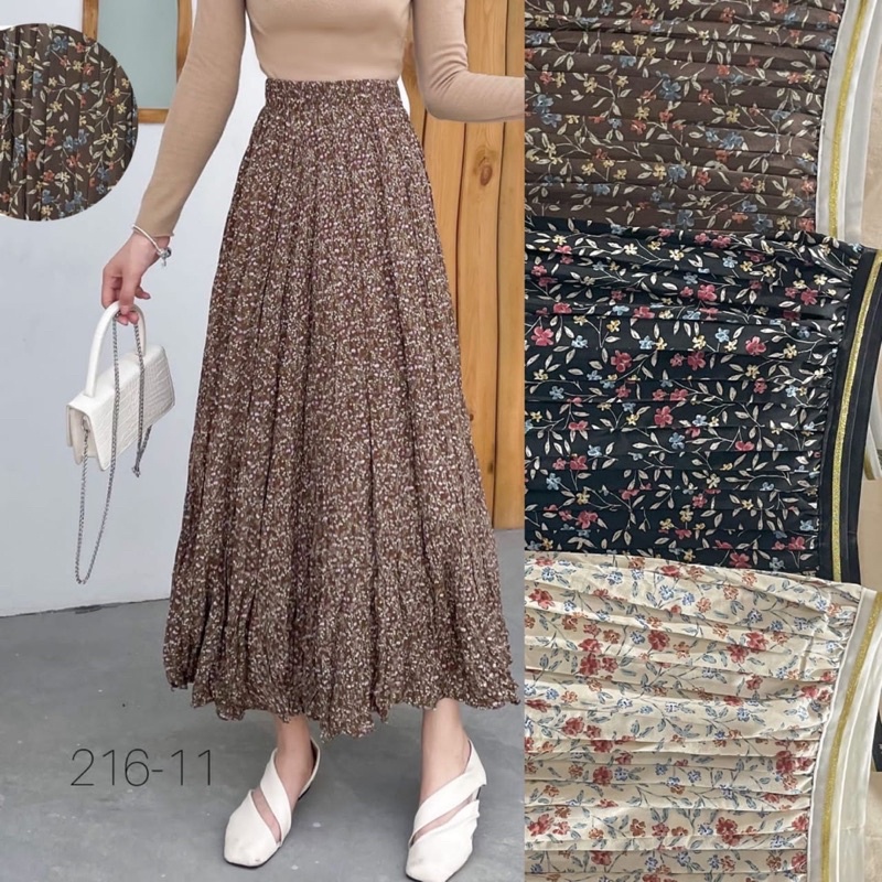 Korean Chiffon Flower Pleated Long Skirt with Gold List Import Premium ( Rok Sifon Korea Prisket Panjang Lis Pinggang Emas )