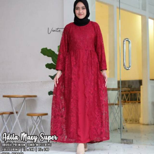 (Bisa COD) Adila maxy super LD 140 by vente | gamis dress super jumbo LD 140 full brokat
