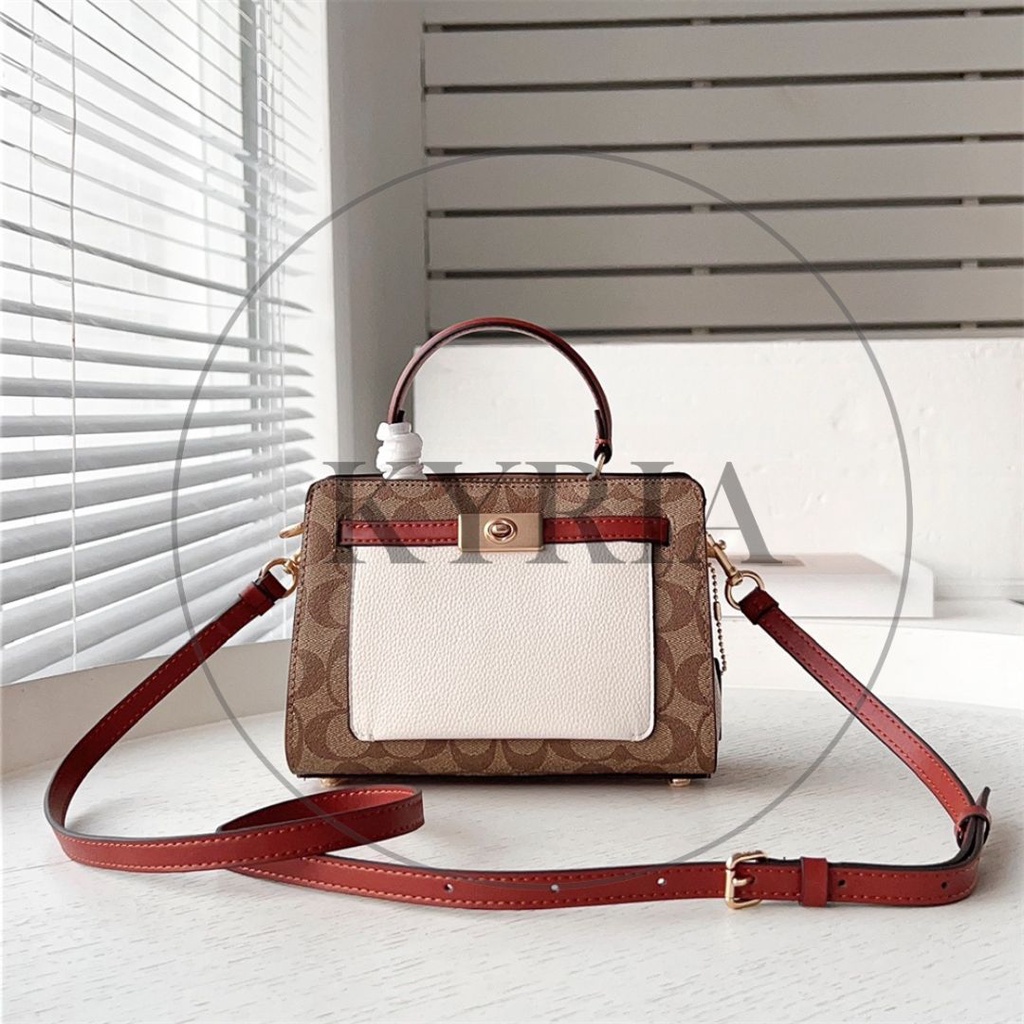 TAS WANITA SELEMPANG MINI LANE TOP HANDLE BROWN KHAKI WHITE LEATHER C8687