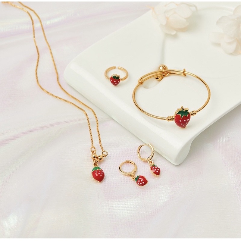 Y420 Set Perhiasan Anak Stroberi Lapis Emas 24k Aksesoris Anak Perempuan Kalung Anting Gelang Set Ci
