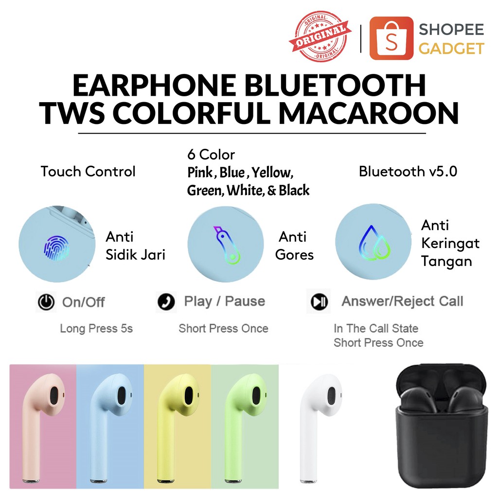 Earphone Bluetooth InPods TWS i12 Macaron Headset Wireless bt v5.0