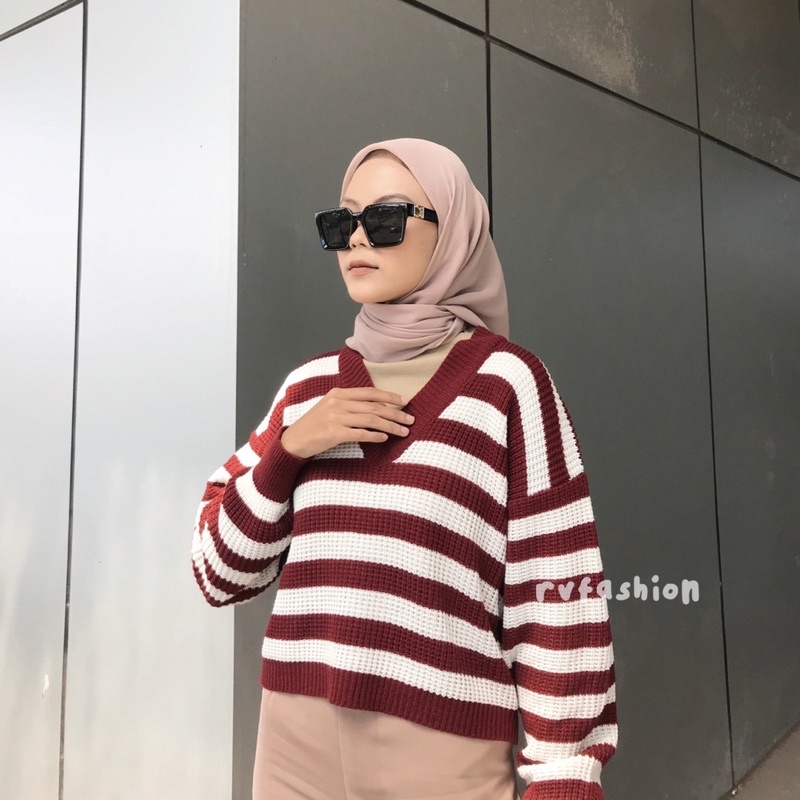 blouse wanita salur 2 warna,rajut premium,pakaian wanita outerwear