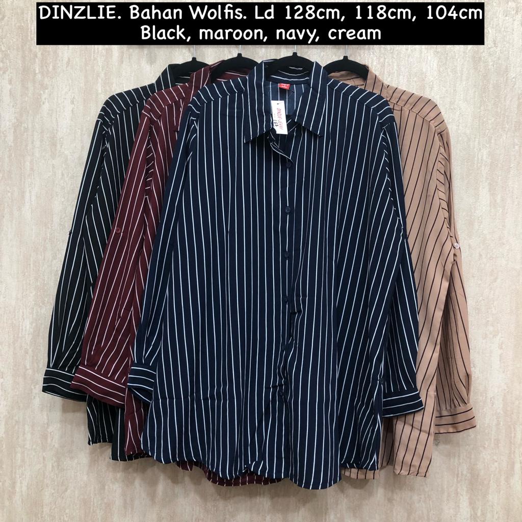 DINZLIE KEMEJA WANITA LENGAN PANJANG BAHAN WOLFIS JUMBO BIGSIZE MOTIF SALUR GARIS SALUR