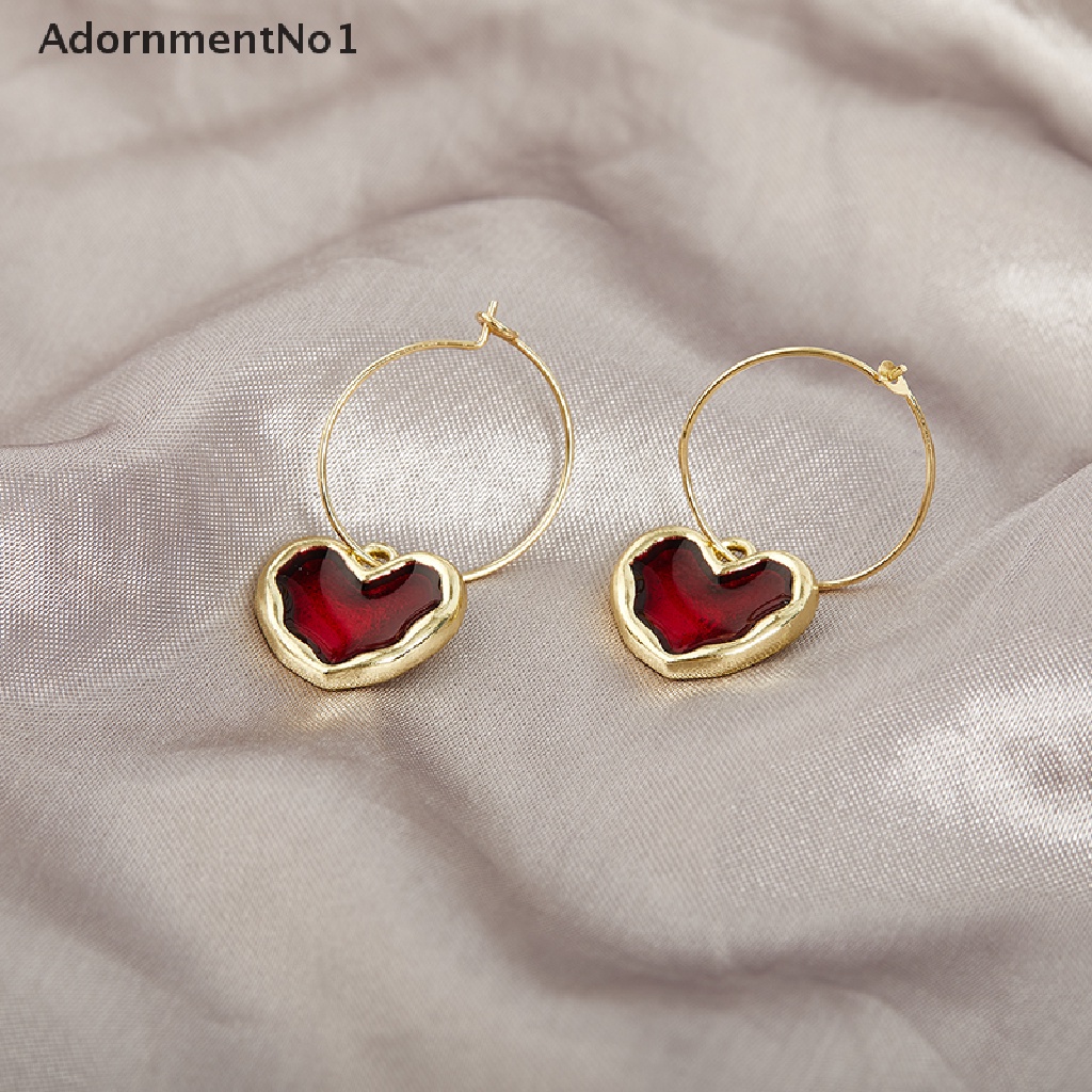 (AdornmentNo1) Anting Gantung Hati Enamel Warna Burgundy Untuk Wanita