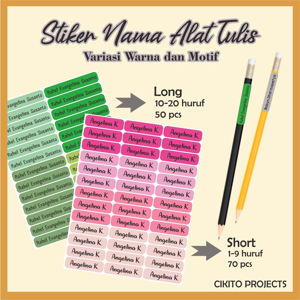 

Stiker Alat Tulis Label Nama Anak ATK Pengenal Pensil Buku Variasi Warna