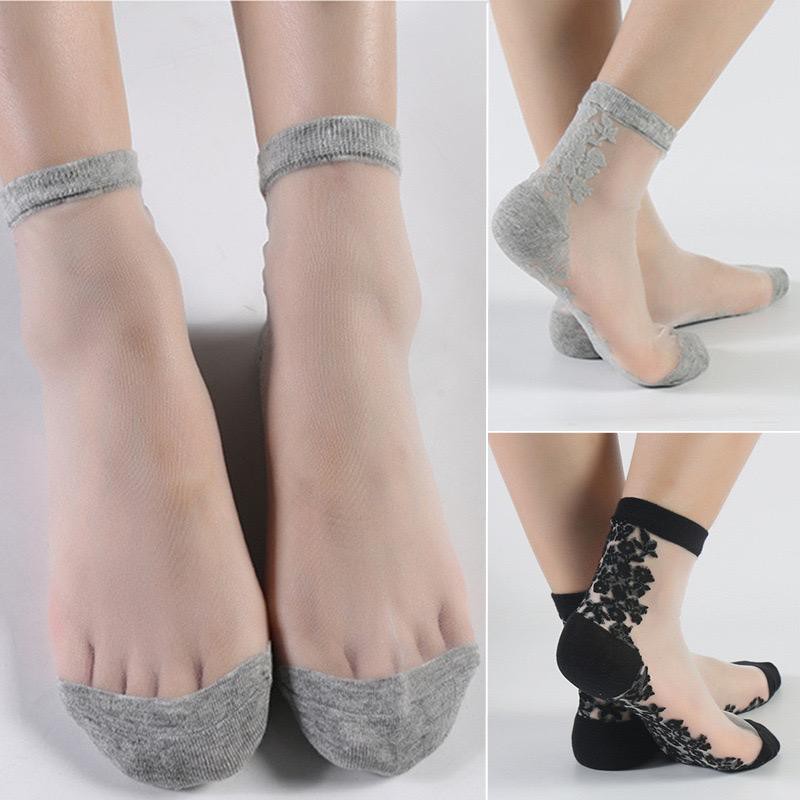 Kaos Kaki WANITA Transparan Printing Bunga / Ultra Thin Crystal Mesh Ankle Socks