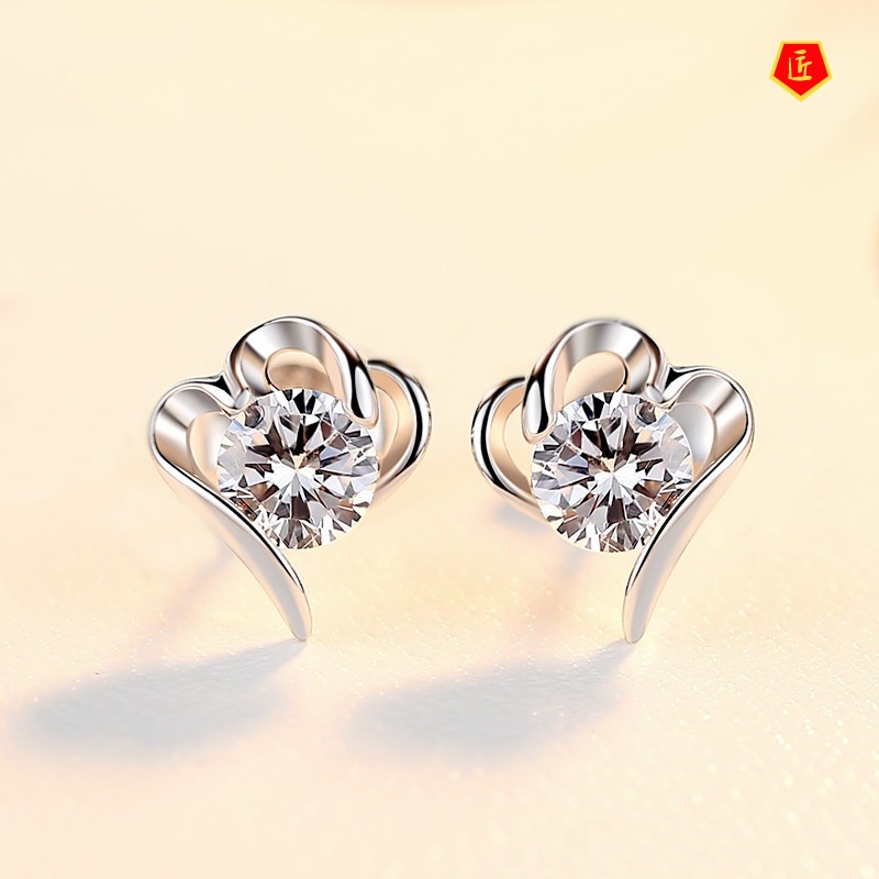 [Ready Stock]Simple Inlaid Diamond Heart-Shaped Stud Earrings