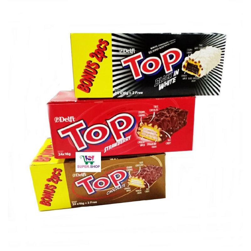 Delfi TOP Wafer Chocolate 9g BOX 24  Strawberry , Black in White, WaferCrunchy Coklat Stroberi