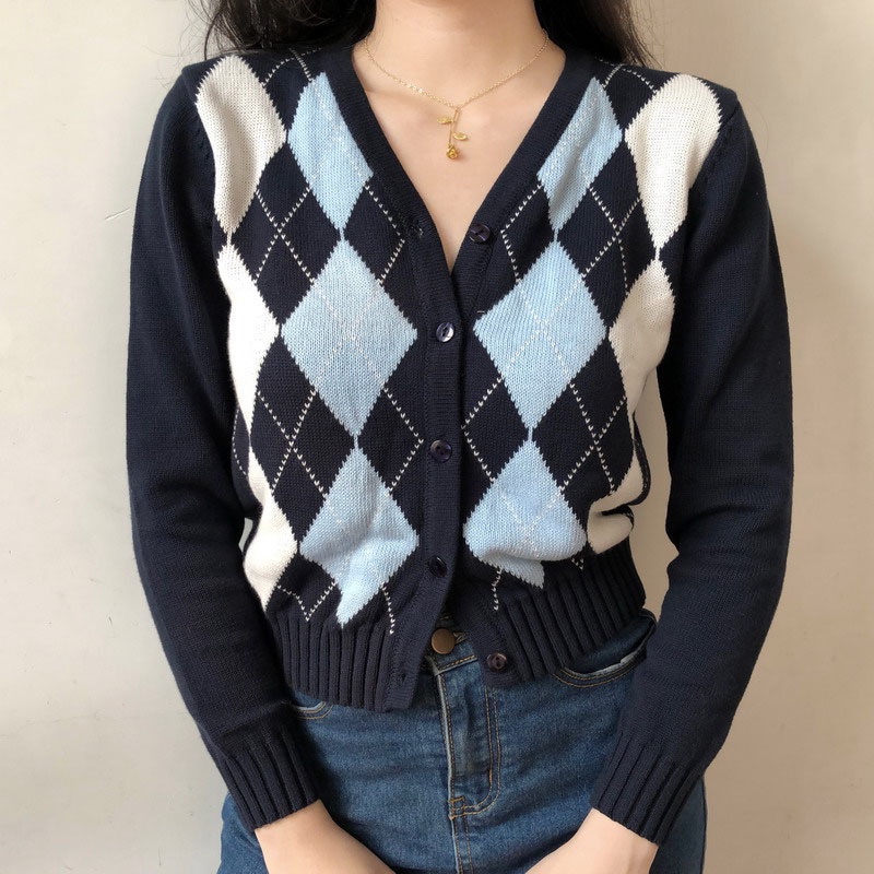 XIAOZHAINV Cardigan Rajut Wanita Korean style Kotak-Kotak Lengan Panjang HW0061