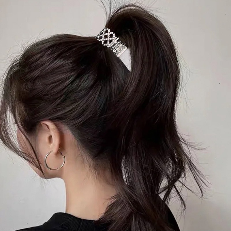 Jepit Rambut Ekor Kuda Desain Geometri Hollow Hias Berlian Warna Emas Untuk Wanita