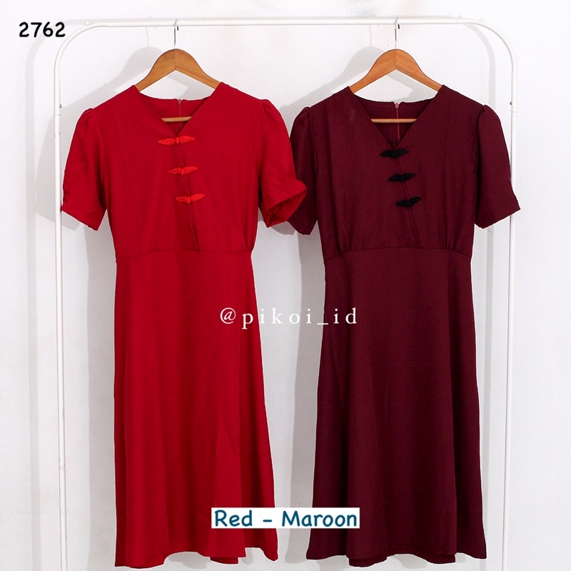 Cheongsam dress merah wanita / dress qipao imlek cny merah polos / dress v neck maroon cantik / 2762