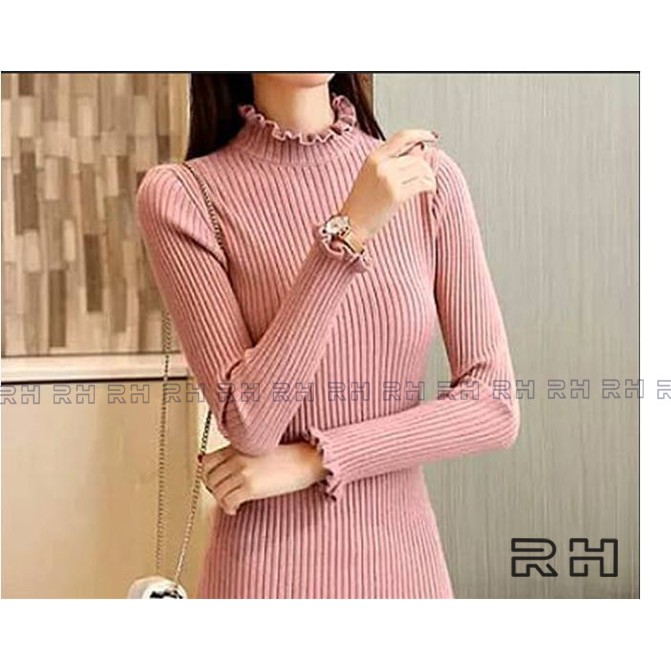 ORIGINAL RHcollections baju rajut kerah tinggi kriwil turtleneck wanita salur sweater wanita