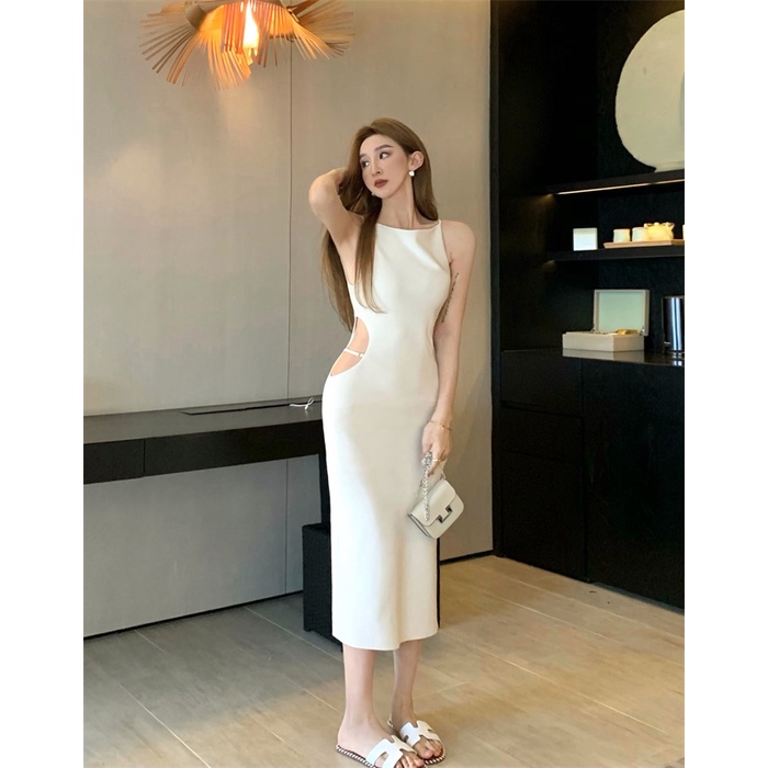 Suhao Hitam Berongga Split Sling Dress Wanita Musim Panas Rempah-rempah Seksi Chic Tanpa Lengan Panj