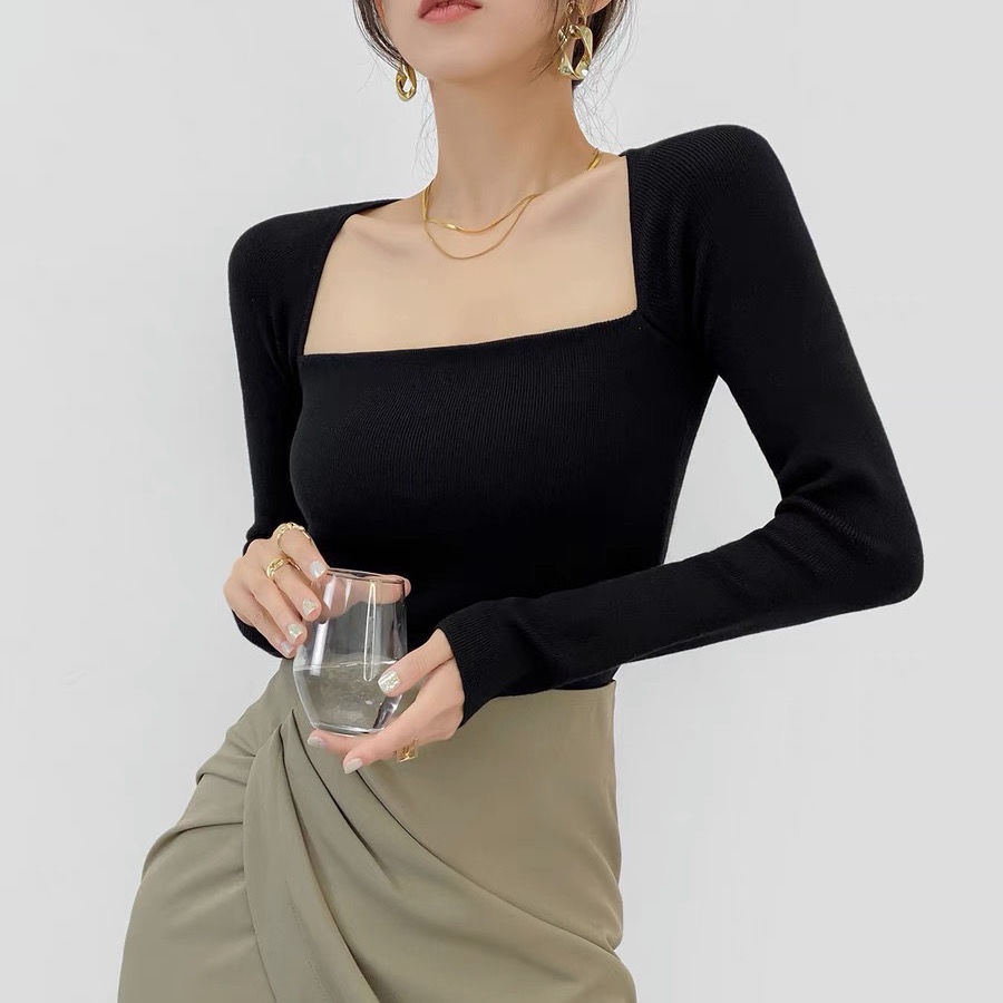 [✅BISA COD] #Sisjuly# French Warm Square Neck Skinny Knit T-Shirt Stretch Crop Top