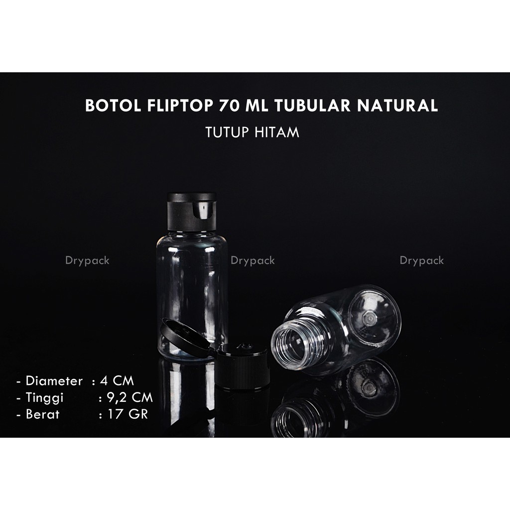 Botol fliptop 70 ml Tubular Natural tutup Hitam