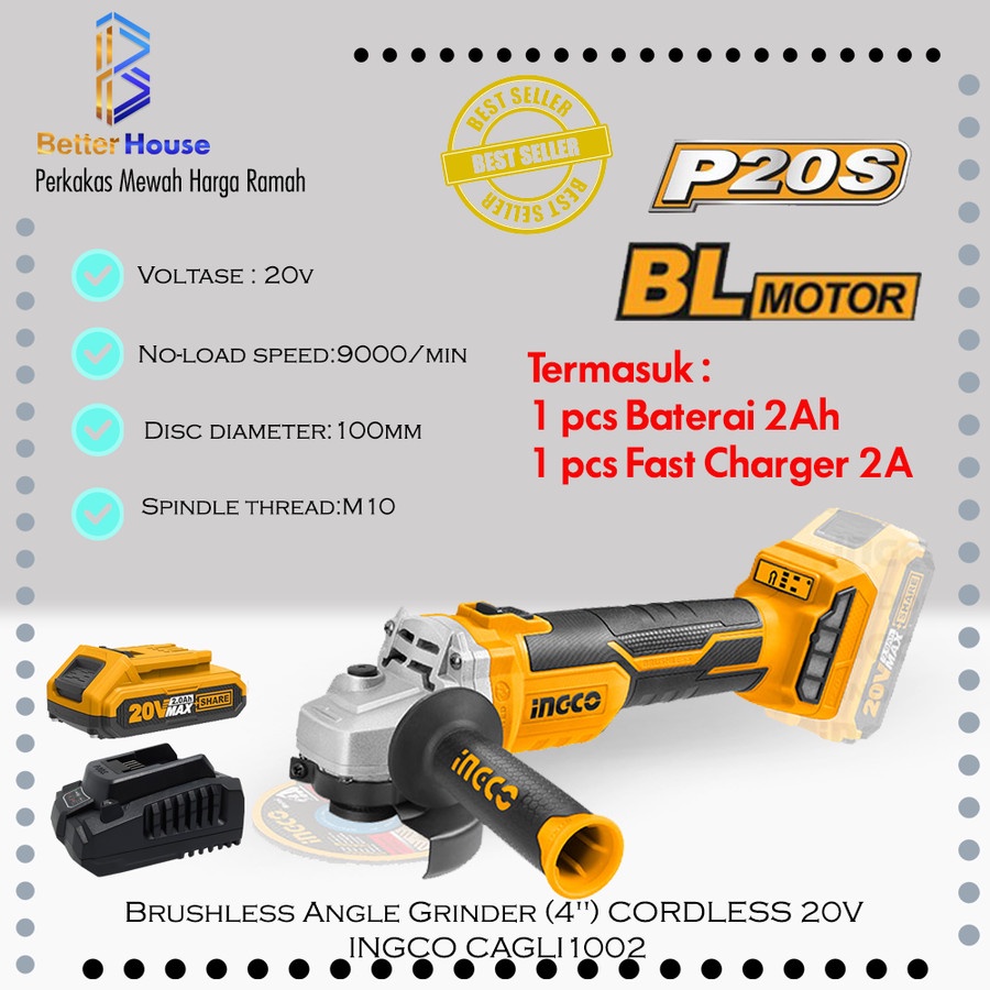GRENDA GERINDA 4" CORDLESS BRUSHLESS INGCO CAGLI1002 2Ah + Cas 2A flex