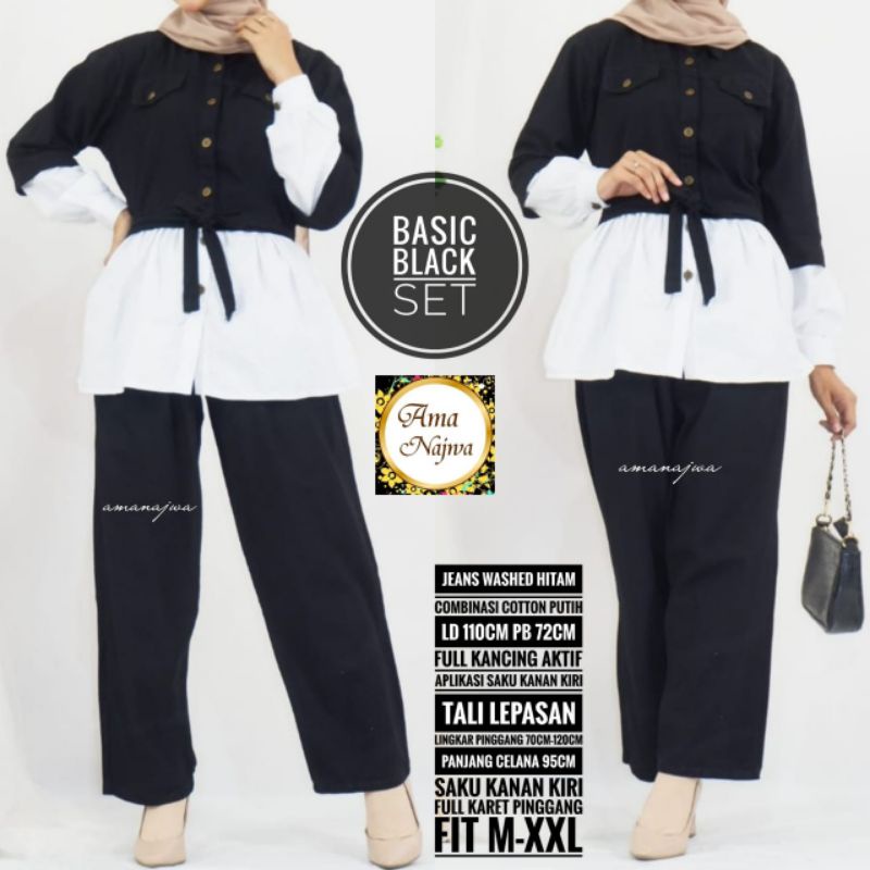 Basic One Set Setelan Celana Tunik Jeans Mix Katun Putih Ld 110 Jumbo Fit XXL Busui Kancing By Amj
