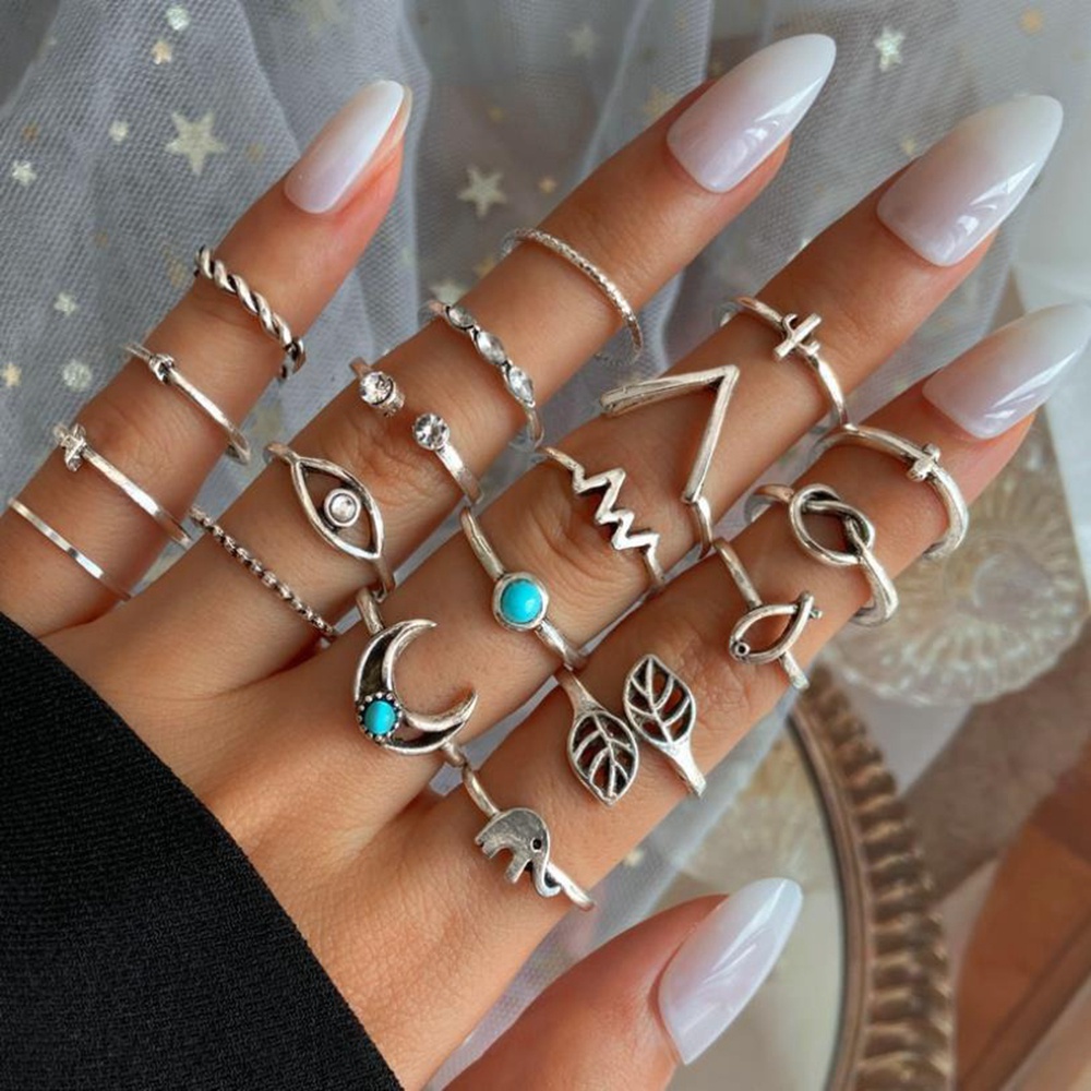 20pcs / set Cincin Jari Telunjuk Desain Bulan Sabit Hias Berlian Turquoise Gaya Bohemian retro Untuk Wanita