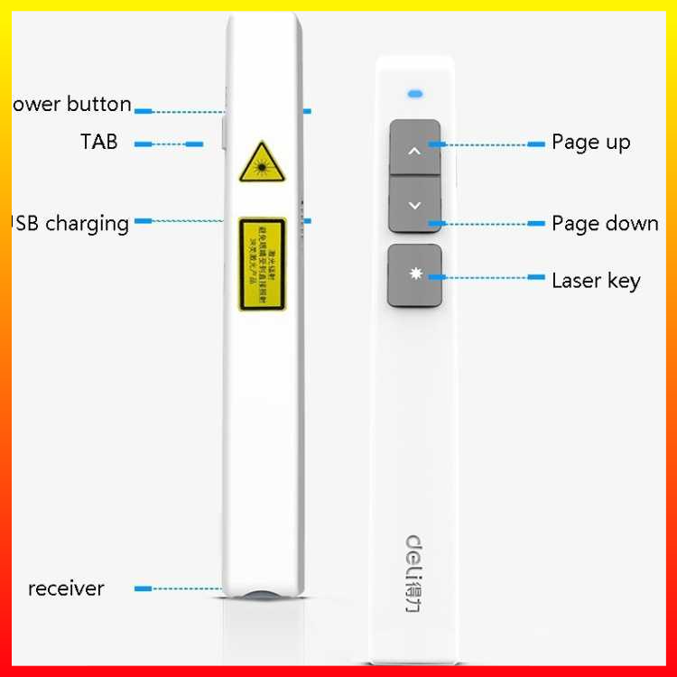 Deli Laser Pointer + Presenter Wireless USB Pen Laser Proyeksi Penunjuk Elektronik Presentasi PPT Sinar Merah Jarak 100 M Baterai Isi Ulang - 7CLP09WH