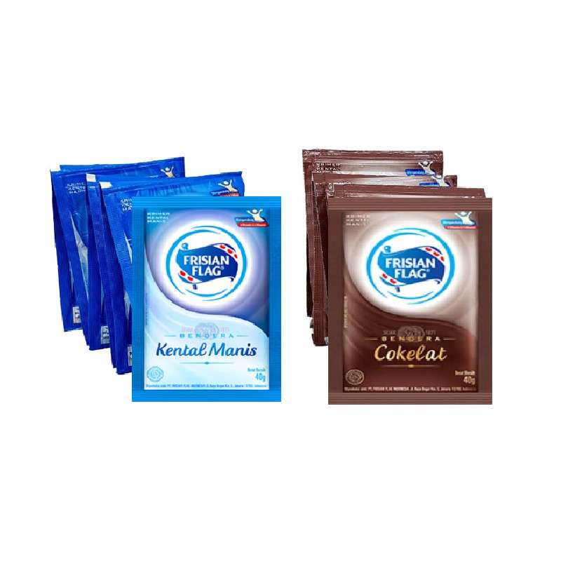 

Frisian Flag Susu Kental Manis Susu Bendera Putih Cokelat 1 Renceng (6 Sachet x 40gr)