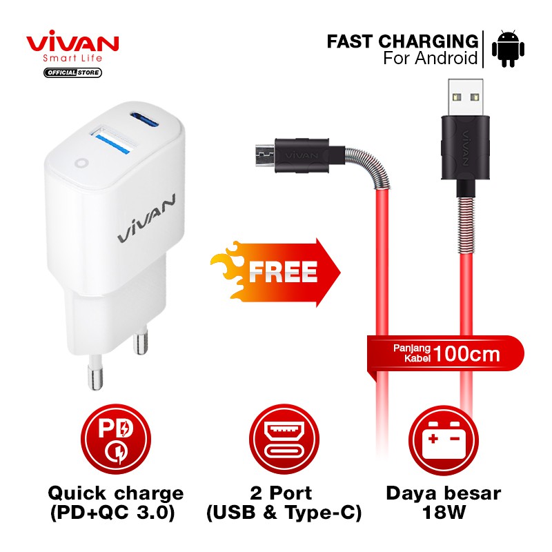 Charger Fast Charging VIVAN Dual Port USB (QC3.0) &amp; Type-C (PD) 3A 18W FREE Kabel USB Micro (FM100)