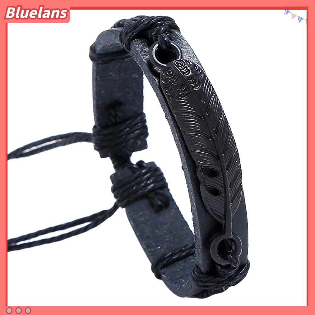 Bluelans Men Faux Leather Feather Adjustable Rope Braided Bracelet Wristband Jewelry