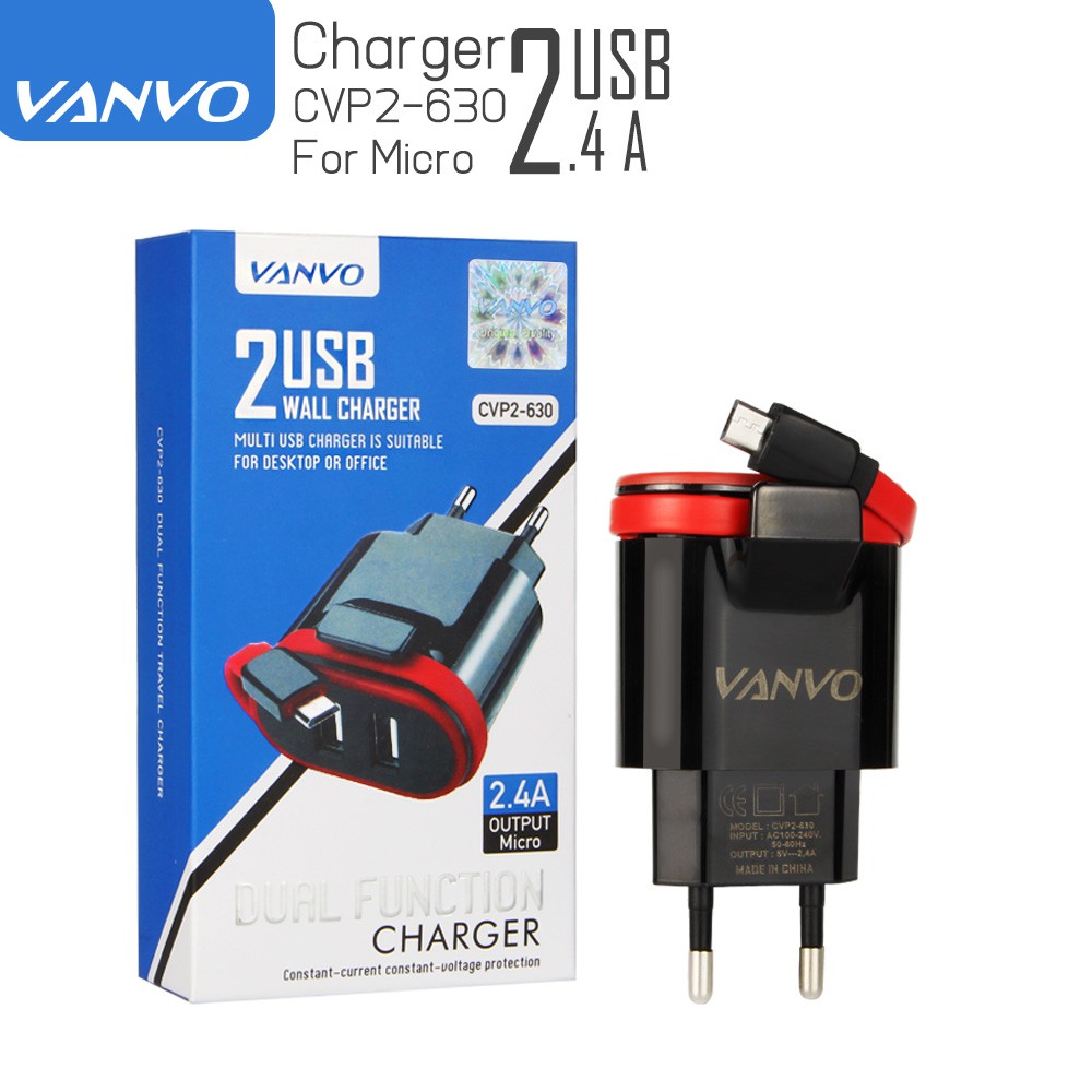 Charger Vanvo 2USB CVP2-630 Output Micro Wall Charger