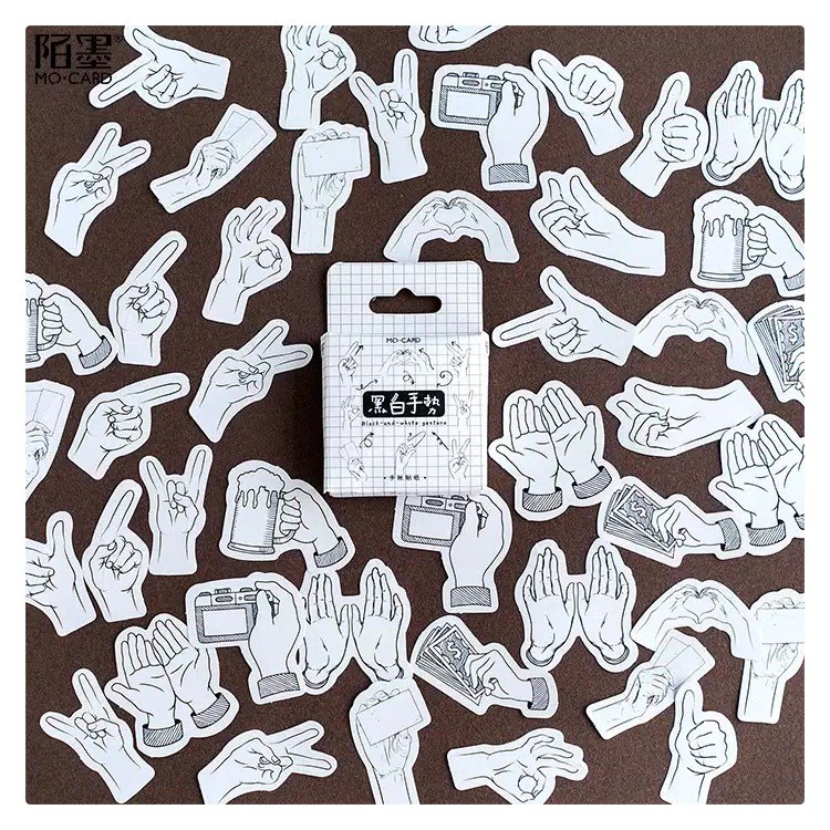 

45 PCS/BOX STIKER KERTAS TEMA TANGAN MONOKROM MONOCHROME STICKERS BULLET JURNAL DIY DIARY LUCU MURAH