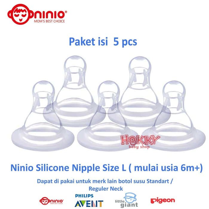 Ninio Dot Botol Susu Silicone Teat Nipple Size L Usia 6 Bulan +