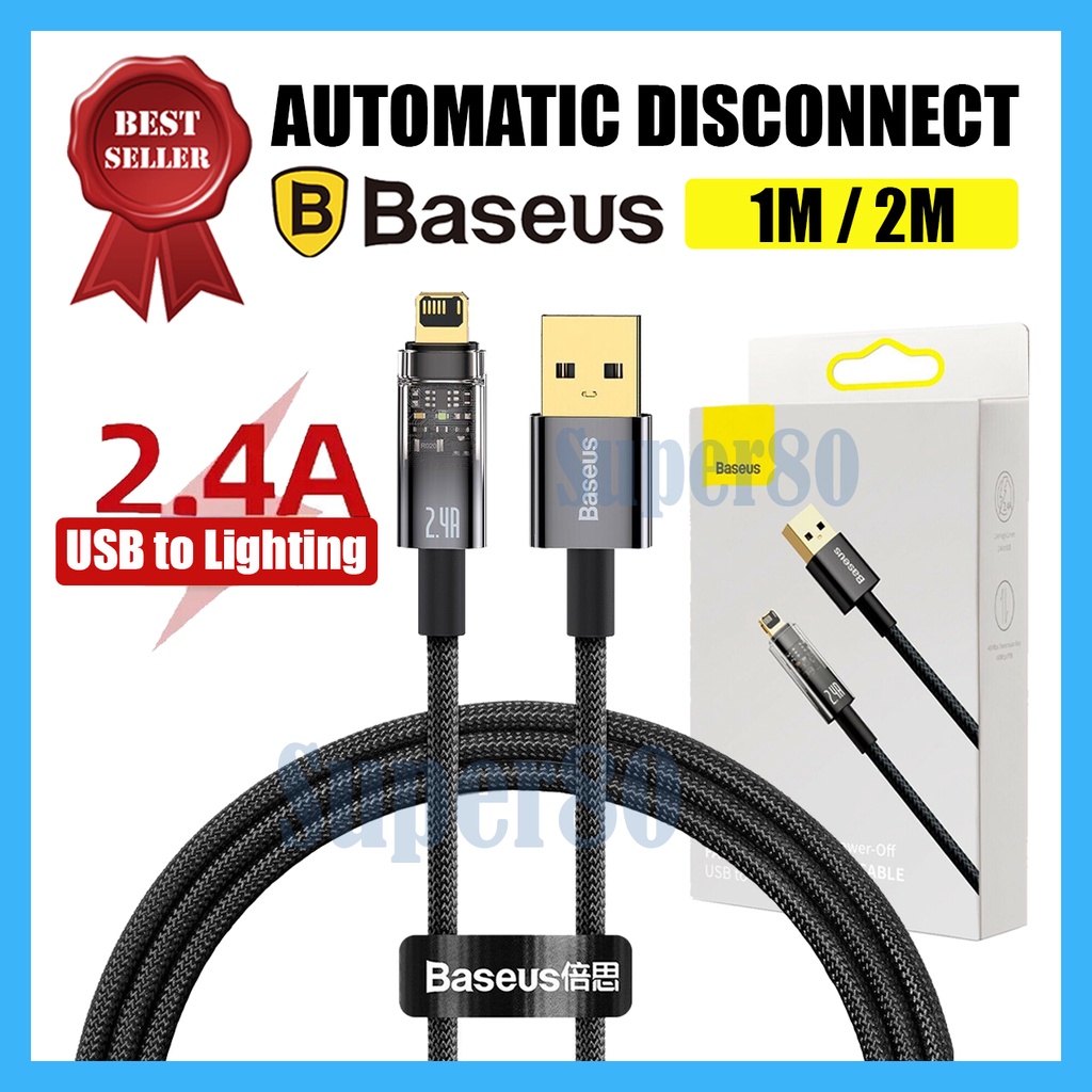 Baseus Explorer Auto Power Off USB to Lightning iPhone Cable 2.4A Kabel Data Charger Fast Charging Automatic Disconnect Cable 1m 2m