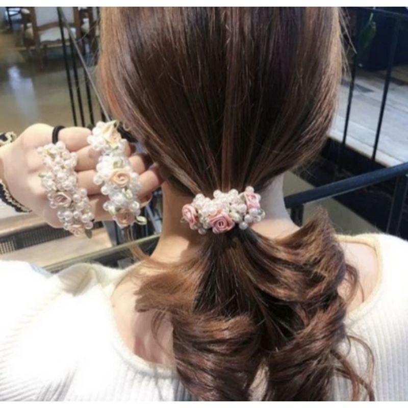 Ikat Rambut Korea Bunga Mutiara Pink and Peach