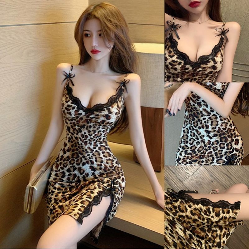 Sexy Mini Bodycon Dress Motif Macan Leopard Renda Pita