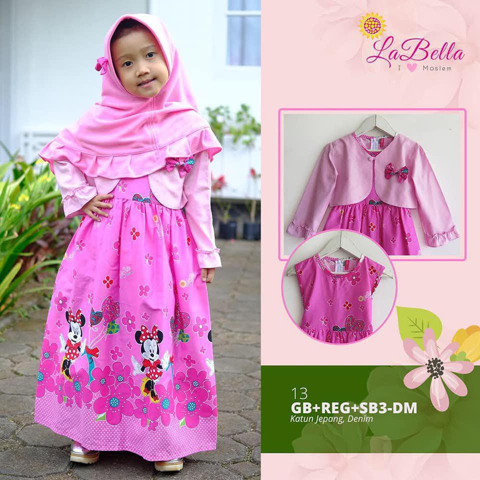 Gamis baby dan anak Printing Labella katun jepanng Mickey mouse Rompi denim warna hot pink