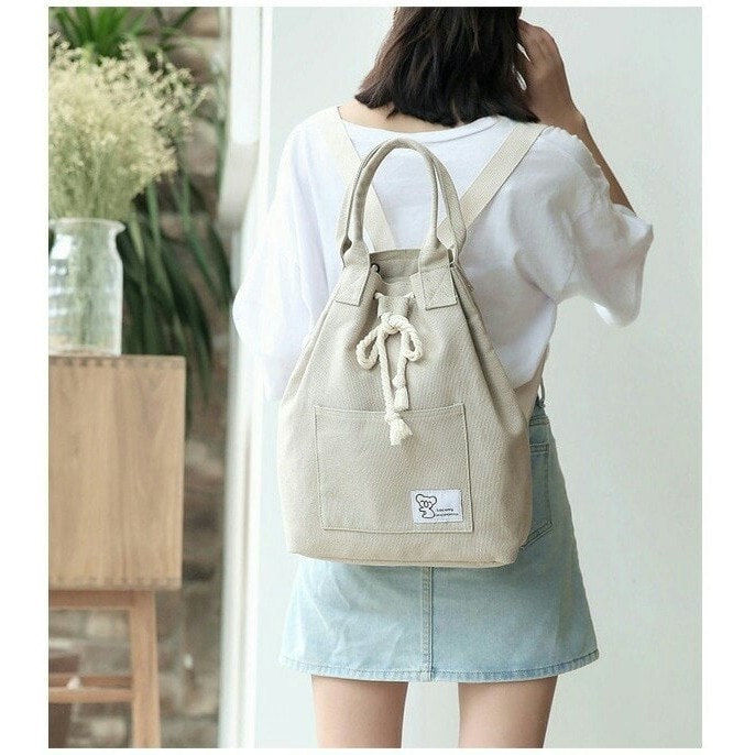 Backpack Tas ransel serut kanvas wanita 2 way   tote bag canvas import   Abu abu Muda