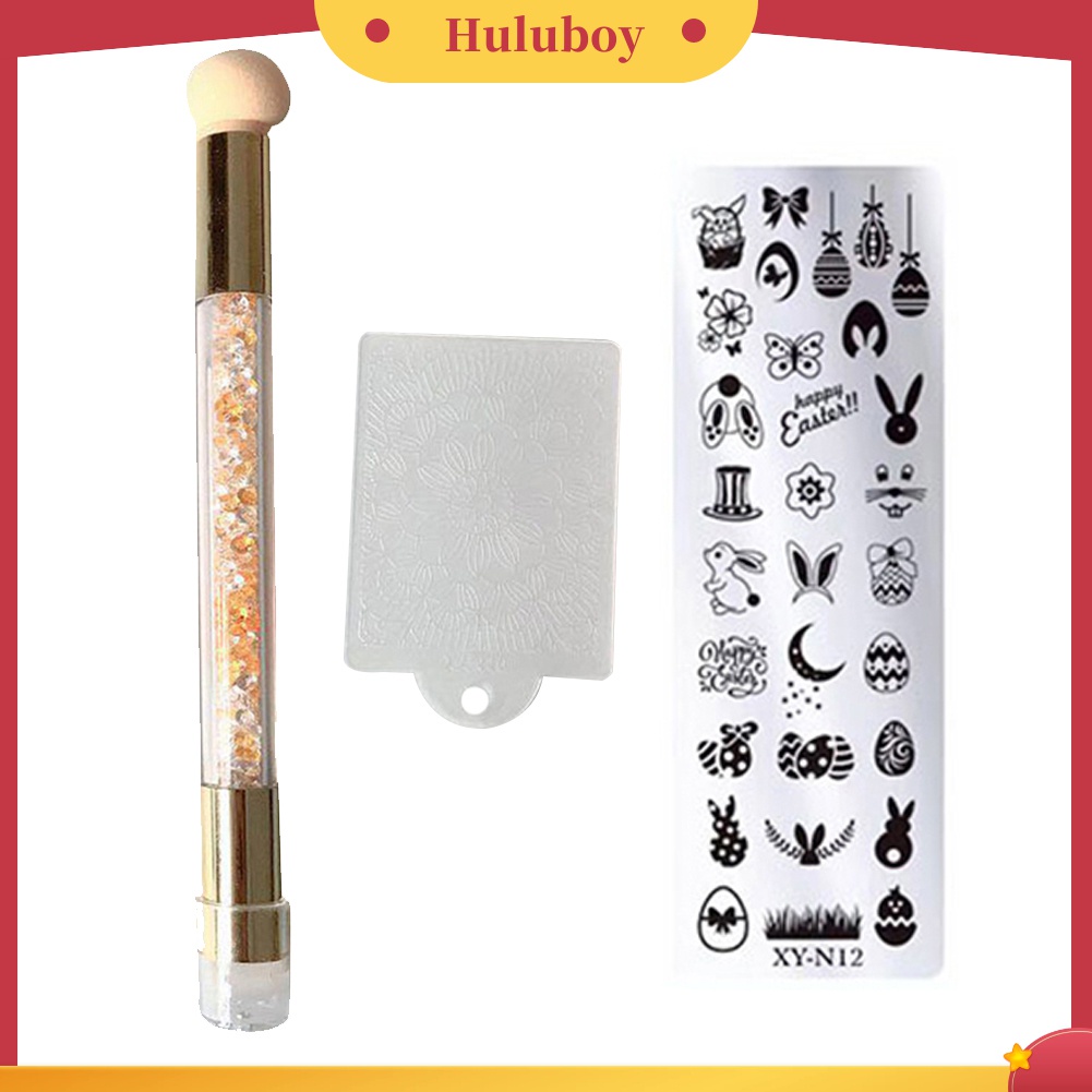 Huluboy Huluboy♡ 3pcs / Set Plat Template + Scraper + Pen Gambar Motif Untuk Nail Art