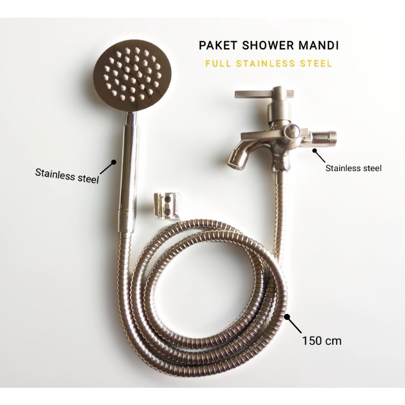 PAKET Hand Shower Kamar Mandi Full Stainless Shower Mandi Komplit Bagus Satu Set Bulat 1/2Inch