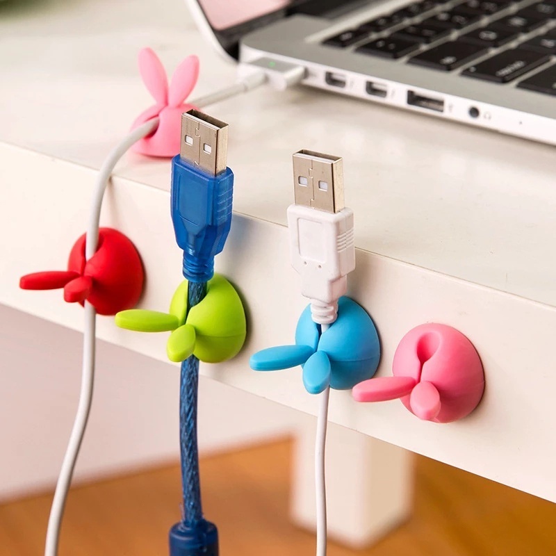 [Grosir] Cartoon Wire Winder USB Charging Cable Meja Merapikan Organizer Klip Telinga Kelinci Silica Gel Self-adhesive Cable Cords Organizer