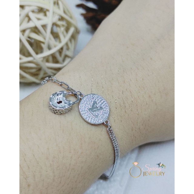 Gelang Perak Wanita Paper Clip LV Bulat Gembok Silver 925 Asli Lapis Emas Putih