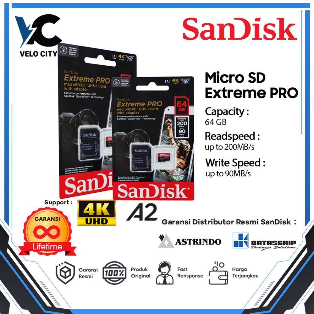 Memory Card | Micro SD 64GB SanDisk Extreme Pro up to 200Mbps U3 A2 V30 - Garansi Resmi Lifetime