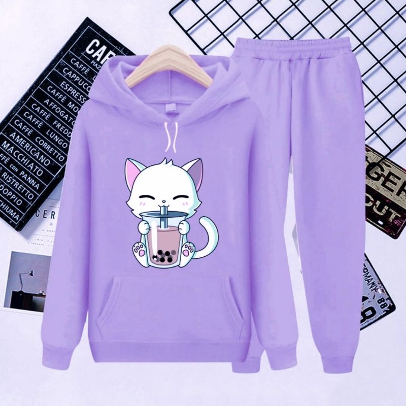 setelan sweater hoodie kitten Boba/setelan hoodie anak kekinian Boba cat/umur 3-16 tahun