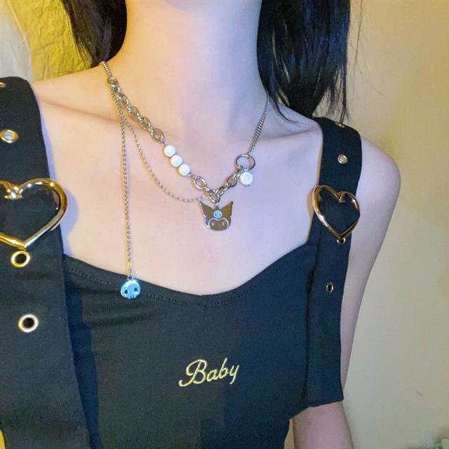 Double-layer Clow m kalung wanita multi lapisan reflektif Mutiara jahitan Yk liontin kartun tengkora