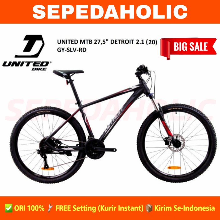 Sepeda Gunung 27.5 Inch MTB UNITED DETROIT 2.1 Alloy 27 Speed Hidrolik - GY-SLV-RD