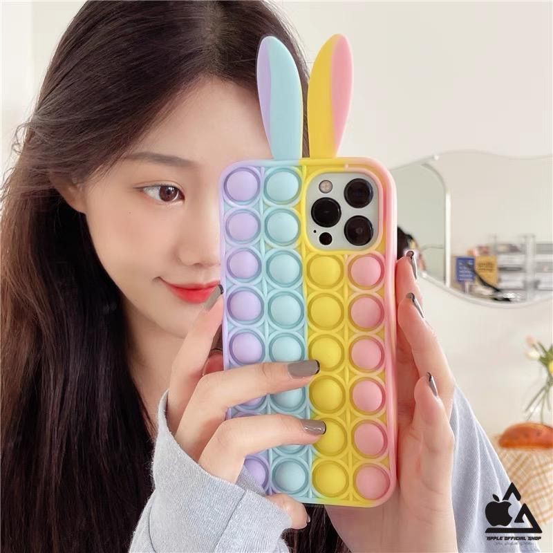 Silikon Case Lucu POP IT iPhone 6 XR X/XS 11 11PRO 12 12PRO Rainbow 3D Bunny Cat Mickey Push Bubble Fidge