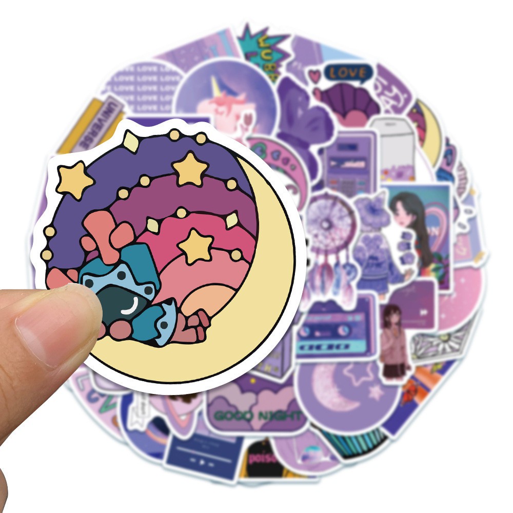 【COD Tangding】50pcs/set Purple Cute Girl Cartoon Hand Account Stickers INS Laptop Suitcase Waterproof Stickers