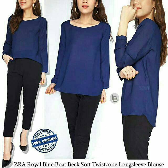 Zara royal blue boay beck soft twistcone longsleeve blouse