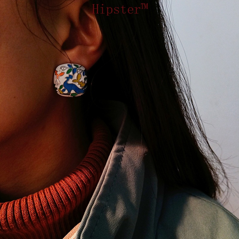 New Hot Fashion Classic Colorful Enamel Square Stud Earrings Painted Flower and Bird Stud Earrings