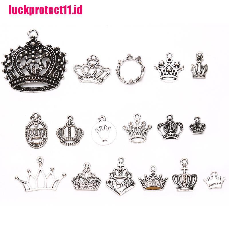 17pcs / Set Liontin Bentuk Mahkota Campuran Warna Silver Bahan Alloy Gaya Vintage Untuk Perhiasan