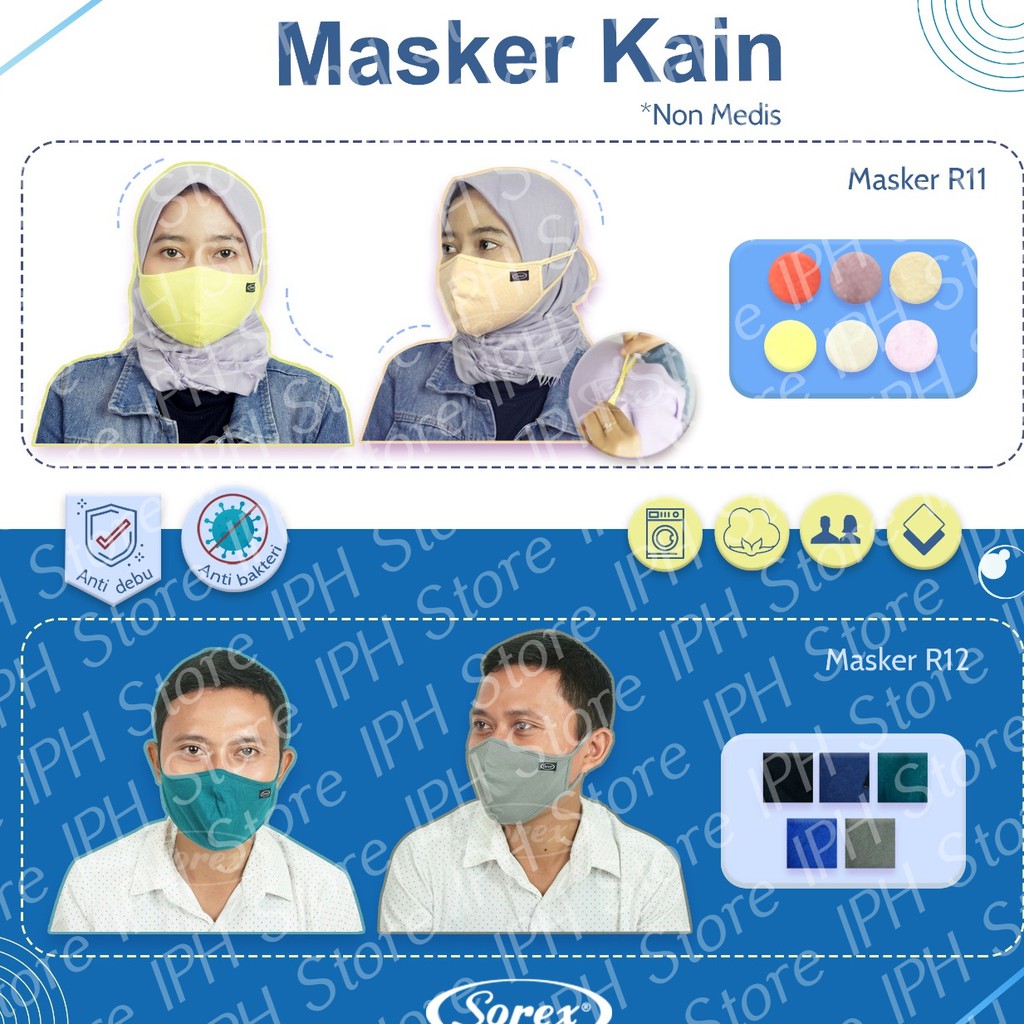 Masker Kain Sorex R11 (Kain 2 Lapis, Unisex, Anti Bakteri, 100% Katun)