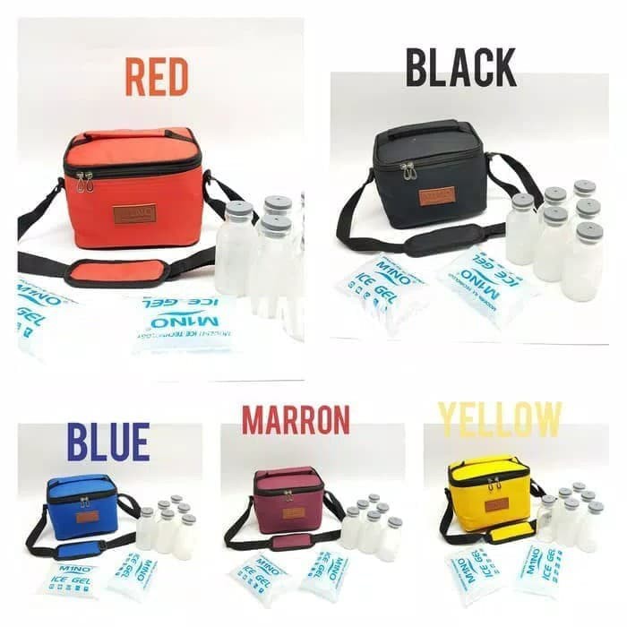 Paket Cooler Bag MINO - Tas Asi + 6pcs Botol + Blue Ice Gel - Paket Tas Asi Lengkap Murah